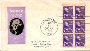Scott 807a 3 Cents Jefferson Pane Ioor FDC Addressed Planty 807a-1 - Picture 1 of 2