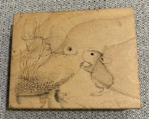 House Mouse FISH BOWL Rubber Stamp  Friendship Wood Is 4.75 x 3.75 - Picture 1 of 6