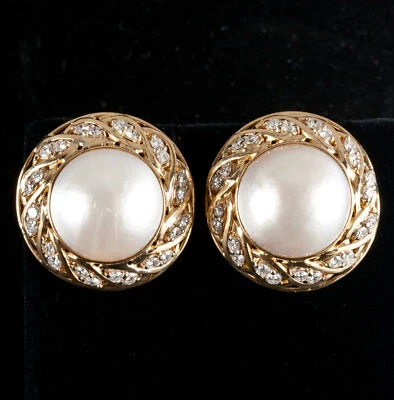 14k Yellow Gold Mabe' Pearl & Diamond Pierced Huggie Earrings 1.92ctw 23.64g - Image 1 of 4