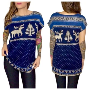 PINKYOTTO Holiday Sweater Short Sleeve Reindeer Christmas Tree Cozy Wool Top M - Picture 1 of 10