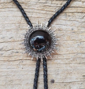 Vintage Western Cowboy Agate Sun Pattern Bolo Tie Wedding Necklace Leather Rope - Picture 1 of 4