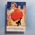 Comic Postcard 1950 Fat Lady Swim Suit Tickles My Fancy Black Cat Bamforth & Co