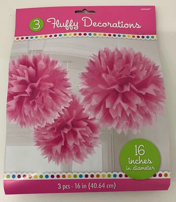FLUFFY PINK POM DECORATIONS ~ Baby Bridal Shower Birthday Party Supplies Paper - Image 1 of 2