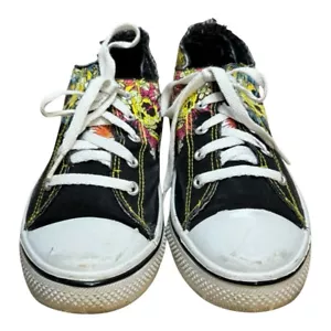 Breckelle’s Canvas Sneaker geblümt mit Totenköpfen rosa gelb blau auf schwarz 7,5 - Bild 1 von 18