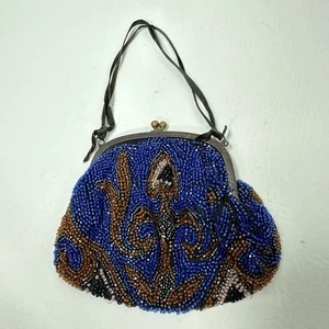 Antique Flapper Blue Brown Micro Beaded Purse Kiss Clasp Made In Germany - Picture 1 of 6