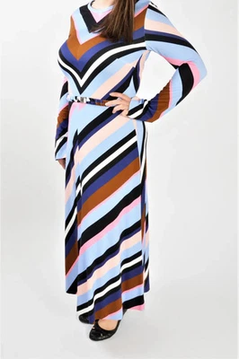 Maxi Vestido Marc Cain Multicolor Rayas Midi Elastizado Manga Larga Cinturón N3 M Foto 1 de 4