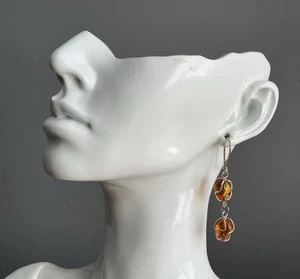 925 Silver Amber Modernist Design  Drop Earrings - Picture 1 of 5