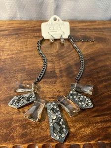 C.I.T.Y. Brand Black Tone Glass Rhinestone Necklace & Pierced Earring New Set - Picture 1 of 11