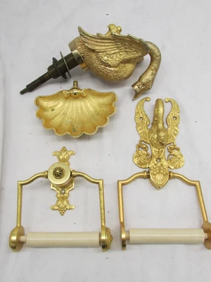 Antiguo Juego de Grifo de Baño Cisne Dorado Francés, Soportes de Pared Foto 1 de 4