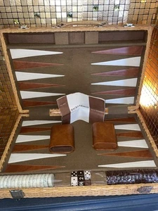 Vintage Backgammon Set Board Game Wicker Travel Case - Picture 1 of 13