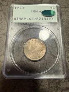 1908 Liberty V Nickel PCGS MS64 Rattler CAC Pretty Toning Looks Undergraded - Bild 1 von 6
