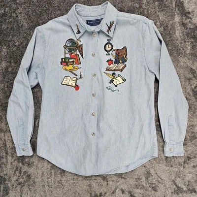 VTG Karen Scott Denim Shirt Small Embroidered Long Sleeve Button Teacher Books  - Image 1 of 4