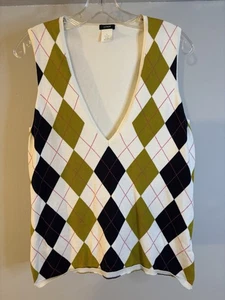 J CREW Women’s Ivory Blue Green Argyle Sweater Vest L Academia Preppy - Picture 1 of 4