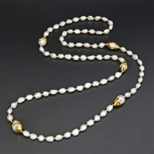 Natural White Baroque Pearl 24 K Gold Plated Keshi Pearl Necklace 42" For Lady - Picture 1 of 6