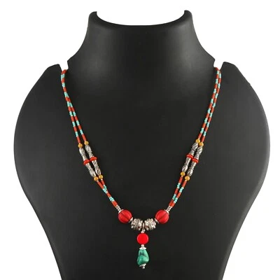 Turquoise, Coral Gemstone Tibetan 925 Sterling Silver Necklace Jewelry 18 inch - Image 1 of 4