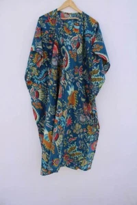 Indian Blue Mukut 100% Cotton Caftan Handmade Printed Kaftan Beach Nightwear - Picture 1 of 4