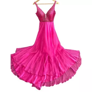 Sherri Hill Formal Gown Pink Prom Grad Dress V-neck Beaded Bodice Tulle Size 2 - Picture 1 of 9