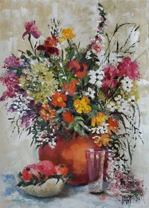YARY DLUHOS Flower Fruit Still Life Pomegranate Plants Original Art Oil Painting - Picture 1 of 15