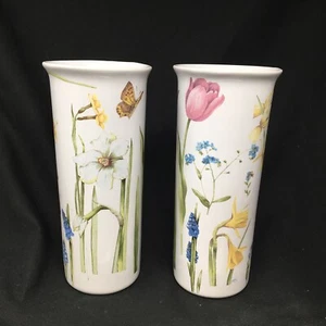 Pair Of 1996 Marjolein Bastin Hallmark Ceramic Flower Vases Tulips Hyacinth Daff - Bild 1 von 7