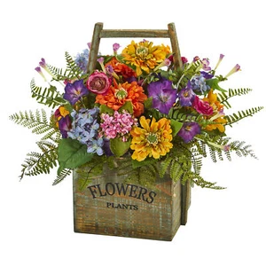 Gemischtes künstliches Blumengesteck im Holzkorb 15" hoch - Bild 1 von 1