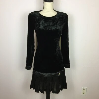 Vestido Jones New York Y2K Terciopelo Talla 4 Mujer Negro Terciopelo Volantes Dobladillo Manga Larga Foto 1 de 4