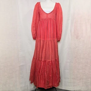 Vintage Long Maxi Dress Tiered Empire Waist Plunge Neckline Red Polka Dot - Picture 1 of 10