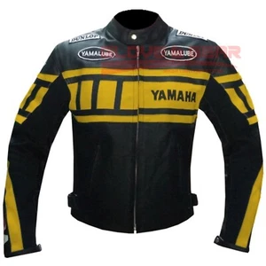 YAMAHA MOTORCYCLE MOTORBIKE YELLOW COWHIDE LEATHER REMOVABLE ARMOUR BIKER JACKET - Picture 1 of 6