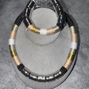 NWT Vintage J Crew Signed Snake Black Gold Silver Necklace Bracelet  Set - Picture 1 of 5