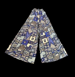 Vtg Blue Geo Print Wide Leg Palazzo Pants Sz XS Tall Split Skirt Handmade NEW - Picture 1 of 4