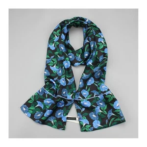 PURE SILK TWILL Double Layer Long Scarf Head Neck Wrap Blue Green Floral Stole - Picture 1 of 9