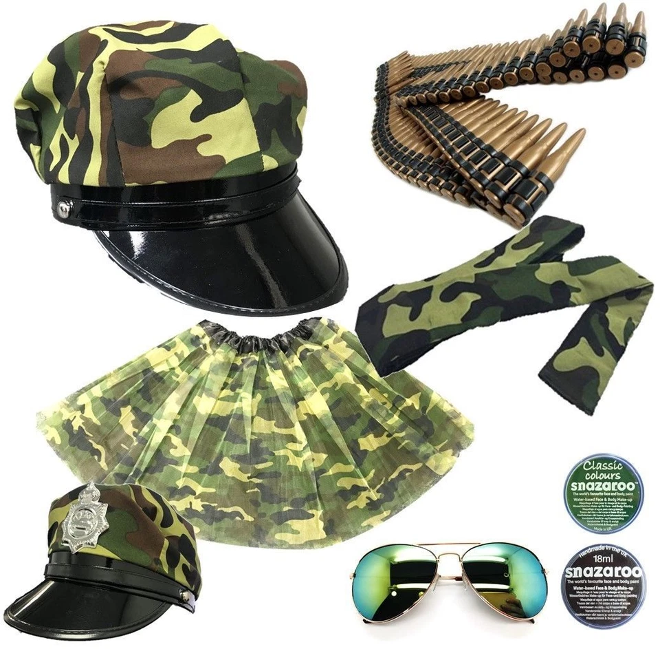 STYLEX ARMY FANCY DRESS BULLET BELT MILITARY CAPE PILOT GLASSES ARMY HEADBAND TUTU UK