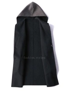 Mens Winter Cashmere Wool Trench Coat Hooded Button Windbreaker Black Overcoat - Picture 1 of 22