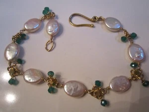 GENUINE PEARLS AND GREEN CRYSTAL OR STONES BRACELET  - 9 1/2" LONG -  BBA-9A - Picture 1 of 4