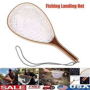 Fly Fishing Landing Net Wood Handle Rubber Mesh Trout Catch Release Landing Net - Picture 1 of 10