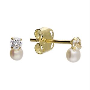 9ct Gold Stud Earrings With Round Cubic Zirconia Freshwater Pearl 2.5x4mm