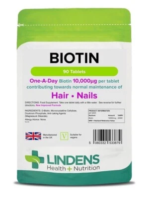 Lindens Biotin 90 Tablets 10000mcg Vitamin B7 High Strength d-Biotin Supplement - Image 1 of 2