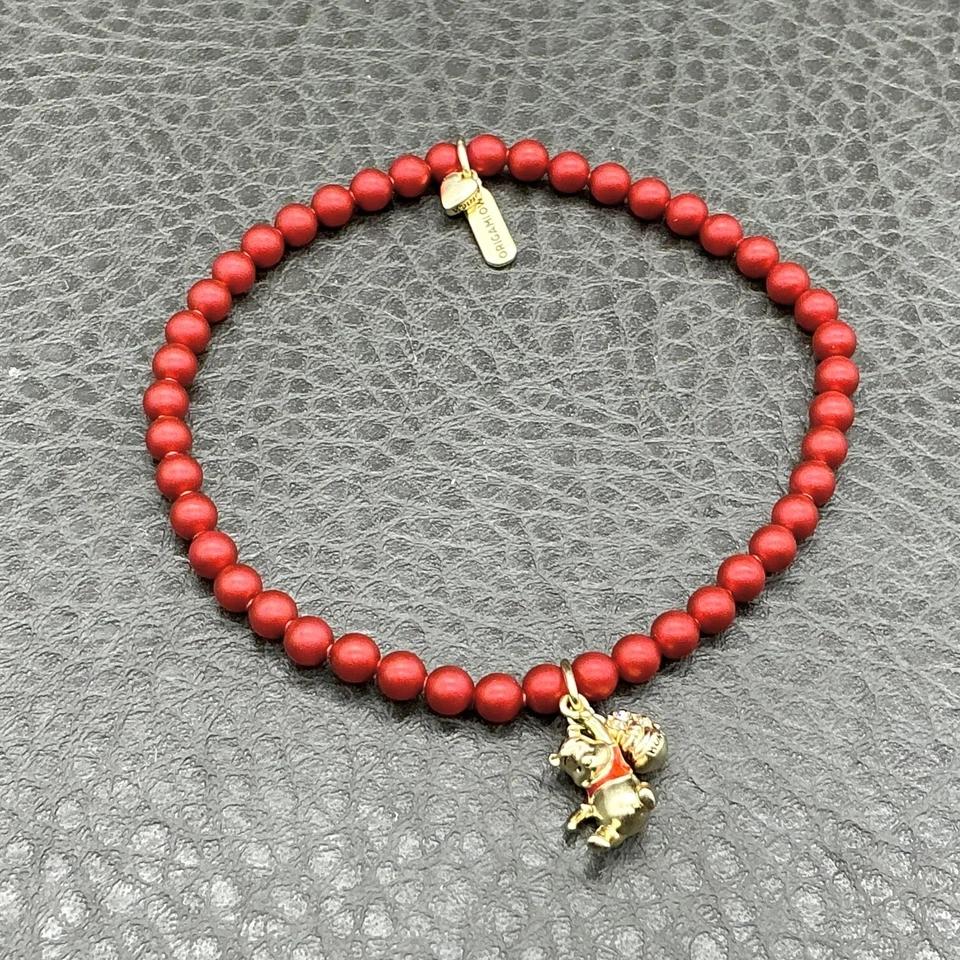 Origami Owl Disney Winnie The Pooh Red Beaded Stretch Bracelet Gold Tone 7" - Image 1 of 4