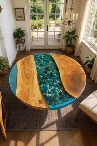 Pebbles Epoxy Resin Table, Round Coffee Table Top, Wood Resin Table Top for Home - Picture 1 of 4