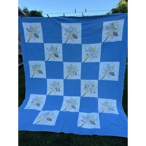 Vintage Hand Quilted Applique Flower Design Quilt Feed and Flour Sack Fabrics - Picture 1 of 10