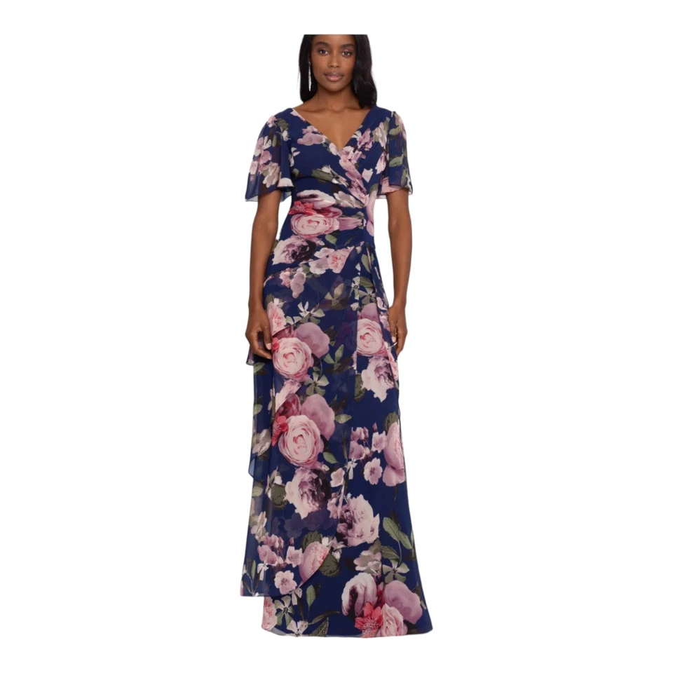 XSCAPE Formal Gown 14 Long Blue Pink Garden Floral Chiffon Flowy Tiered