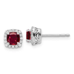 14k Yellow Gold Lab Grown Diamond and Lab Created Ruby Halo Stud Earrings - Picture 1 of 2