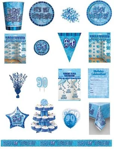 90/90 Cumpleaños Azul Brillo Fiesta Gama - Fiesta/Platos/Serpientes/Banderas/Tazas - Imagen 1 de 25