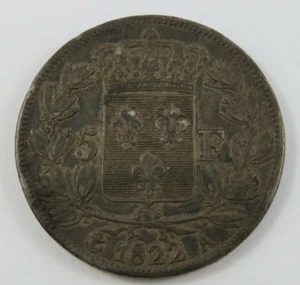 FRANCE 1822 A SILVER 5 FRANCS KING LOUIS XVIII. 900 SILVER .7234 oz. - Picture 1 of 4
