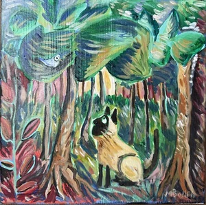 Siamese Cat Bird In Tree Jungle Green Sunset Nature Cats Painting MBollen - Picture 1 of 10