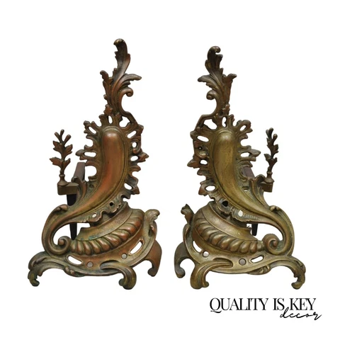 Antique French Rococo Baroque Style Brass Leafy Acanthus Andirons - a Pair Cover