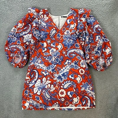 Vestido Zara Mujer XL Volantes Floral Estampado Paisley Manga Abullonada Elegante Mini Rojo Azul Foto 1 de 4