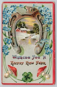 Wishing You A Happy New Year Greetings Snowy House by Stream 1909 Postcard - Picture 1 of 2