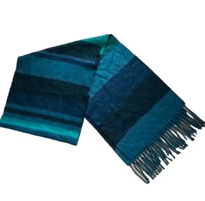 Cejon Soft Acrylic Fringed Scarf Blue Green Teal Stripes Made in Italy - Picture 1 of 5