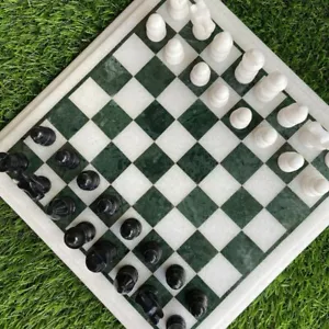 14"x14" Natural Chess Set Board White & Green Marble Inlay Collectible Art Decor - Picture 1 of 11