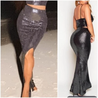 Quiz Black Sequin Thigh Split Maxi Skirt Rrp £34.99 Size 10 - Image 1 of 4